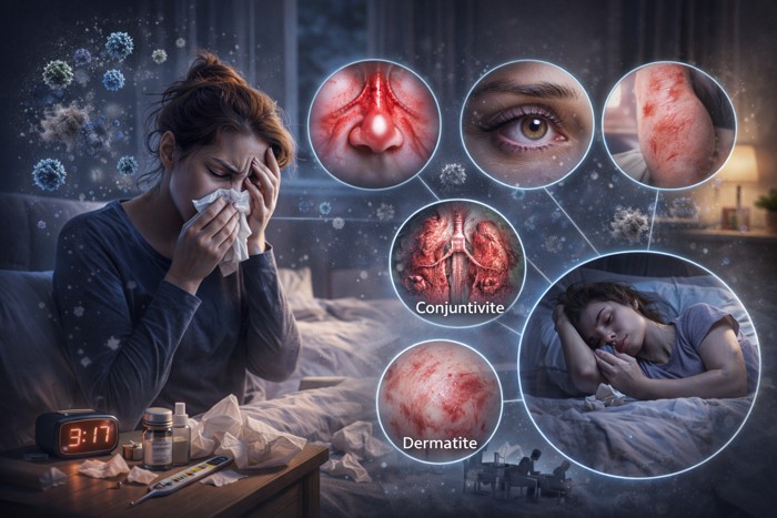 Mulher sofrendo com sintomas de alergia